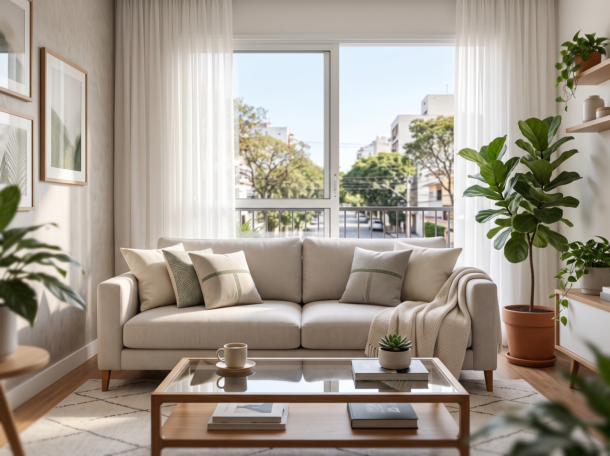 Sala residencial limpa e iluminada com sofa claro e plantas